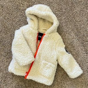 DKNY faux fur toddler girl coat with hood and orange trim, size 18 mo.